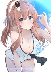 Rule 34 | 1girl, 9610 (kuroto), bikini, bikini skirt, blue eyes, blue sky, blush, breasts, brown hair, cloud, cloudy sky, day, hair between eyes, high side ponytail, highres, kantai collection, large breasts, long hair, looking at viewer, outdoors, ponytail, saratoga (kancolle), side ponytail, sky, smile, solo, swimsuit, white bikini