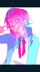 Rule 34 | 1boy, amemura ramuda, blue eyes, bow, bowtie, brooch, candy, collared shirt, colored eyelashes, commentary request, food, green jacket, hanada hyou, highres, hood, hood down, hooded jacket, hypnosis mic, jacket, jewelry, lollipop, long sleeves, looking at viewer, mouth hold, open clothes, open jacket, pink hair, pointing, pointing at self, red bow, red bowtie, shirt, short hair, sidelocks, upper body, white background, white shirt