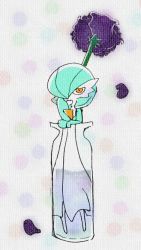 Rule 34 | 1girl, alternate color, aqua hair, aqua skin, bob cut, colored skin, creatures (company), female focus, flat chest, flower, full body, game freak, gardevoir, gen 3 pokemon, hair over one eye, half-closed eyes, hand up, head rest, highres, in container, jitome, looking at viewer, multicolored skin, nintendo, no mouth, one eye covered, orange eyes, petals, pokemon, pokemon (creature), polka dot, polka dot background, purple flower, shiny pokemon, short hair, solo, standing, two-tone skin, vase, white background, white skin, yuri (fl0werspace)