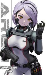 Rule 34 | 1girl, armor, armored bodysuit, belt, belt pouch, black hair, bodysuit, breasts, commentary request, commission, explosive, grenade, grey hair, gun, hand grenade, handgun, highres, holding, holding gun, holding weapon, holster, looking at viewer, medium breasts, multicolored hair, original, pouch, short hair, shoulder armor, signature, skeb commission, solo, streaked hair, sunao (70 the), trigger discipline, two-tone hair, weapon, yellow eyes