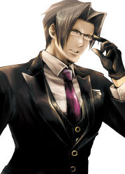 Rule 34 | 1boy, ace attorney, adjusting eyewear, black gloves, curtained hair, formal, glasses, gloves, grey hair, male focus, miles edgeworth, necktie, parted bangs, solo, suit, white background, yumi (soak1111)