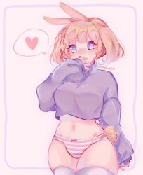 Rule 34 | 1girl, animal ears, blue eyes, blush, bow, bow panties, breasts, commentary, covering own mouth, english commentary, grey sweater, groin, hand over own mouth, heart, highres, instagram username, looking ahead, medium breasts, original, panties, pink background, pink panties, rabbit ears, rabbit girl, rabbit tail, short hair, skindentation, sleeves past wrists, solo, speech bubble, spoken heart, striped clothes, striped panties, sweater, tail, thighhighs, turtleneck, turtleneck sweater, twintails, underwear, usagii.chi, white panties, white thighhighs