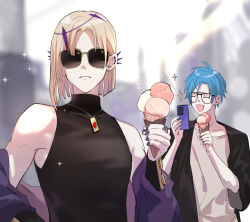 Rule 34 | 2boys, black-framed eyewear, blonde hair, blue hair, blurry, blurry background, expressionless, food, happy, highres, holding, holding food, holding ice cream, holding phone, holostars, holostars english, ice cream, isal (lasi), jacket, jewelry, looking at another, looking at viewer, magni dezmond, male focus, mole, mole under mouth, multiple boys, necklace, open mouth, phone, purple jacket, purple nails, regis altare, short hair, simple background, sleeveless, sparkle, spiked ear piercing, sunglasses, upper body, virtual youtuber