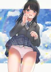 Rule 34 | 1girl, accidental pervert, black eyes, black hair, blush, bow, bow panties, breasts, clothes lift, cloud, collared shirt, d:, from below, furrowed brow, grey jacket, hand to own mouth, highres, idolmaster, idolmaster shiny colors, jacket, kazano hiori, lakuha (dwtk2424), light blush, long hair, long sleeves, looking at viewer, medium breasts, necktie, open mouth, outdoors, panties, pantyshot, petals, pleated skirt, school uniform, shirt, skirt, skirt lift, sky, solo, standing, striped necktie, sweatdrop, swept bangs, underwear, unlikely accident, upskirt, wardrobe malfunction, wavy mouth, white panties, white shirt, wind, wind lift