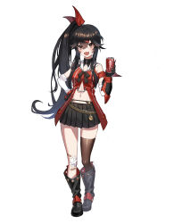 Rule 34 | 1girl, :d, absurdres, ahoge, alchemy stars, bandaid, bandaid on knee, bandaid on leg, bare shoulders, black footwear, black gloves, black hair, black skirt, blouse, boots, bow, bowtie, breasts, brown eyes, brown thighhighs, can, clothing cutout, coca-cola, collared shirt, detached sleeves, drink can, fang, full body, gloves, hair ornament, hair ribbon, hairclip, highres, holding, knee boots, long hair, long sleeves, looking at viewer, medium breasts, midriff, miniskirt, navel, open mouth, pleated skirt, red shirt, revealing clothes, ribbon, rouge (alchemy stars), sailor collar, shirt, side ponytail, simple background, single thighhigh, skirt, sleeveless, sleeveless shirt, smile, soda can, solo, standing, stomach, stomach cutout, thighhighs, thighs, very long hair, white background, zest (watts99), zettai ryouiki