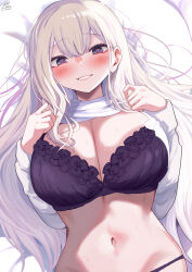 Rule 34 | 1girl, black bra, blush, bra, breasts, cleavage, clothes lift, commentary request, grin, gyaru, hair between eyes, heart, heart-shaped pupils, highres, kogal, large breasts, lifted by self, light brown hair, long hair, looking at viewer, lying, navel, on back, original, purple eyes, shirt, shirt lift, signature, smile, solo, symbol-shaped pupils, underwear, upper body, very long hair, white shirt, yuzuki himuka
