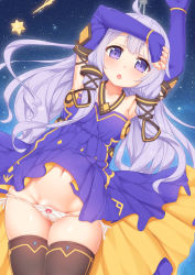 Rule 34 | 1girl, :o, ahoge, arms up, azur lane, bow, bow panties, brown thighhighs, cameltoe, cleft of venus, collarbone, commentary request, cosplay, dress, elbow gloves, fingerless gloves, gloves, hair ornament, hair ribbon, highres, light purple hair, long hair, looking at viewer, lowleg, lowleg panties, navel, panties, panty pull, purple dress, purple eyes, purple gloves, revision, ribbon, side-tie panties, skindentation, solo, star (symbol), starry background, tachimi (basue), thigh gap, thighhighs, underwear, unicorn (azur lane), unicorn (little star songstress) (azur lane), vocaloid, white panties, xingchen, xingchen (cosplay)