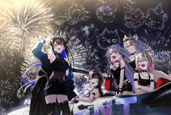 Rule 34 | 5girls, alternate costume, animal ears, black hair, blonde hair, blue hair, breasts, cleavage, colored inner hair, demon horns, dog ears, dog girl, fireworks, fuwawa abyssgard, grey hair, highres, holoadvent, hololive, hololive english, horns, koseki bijou, long hair, mococo abyssgard, multicolored hair, multiple girls, nerissa ravencroft, open mouth, pink hair, red eyes, shiori novella, siblings, sisters, smile, split-color hair, streaked hair, twins, two-tone hair, virtual youtuber, yomosaka