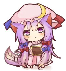 Rule 34 | 1girl, :&lt;, animal ears, book, cat ears, cat girl, cat tail, chibi, crescent, female focus, hat, holding, holding book, long hair, lowres, patchouli knowledge, purple eyes, purple hair, simple background, solo, tail, tosura-ayato, touhou, white background