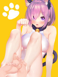 Rule 34 | 1girl, alternate costume, animal ears, bare shoulders, barefoot, bell, blush, breasts, cat ears, cat tail, fate/grand order, fate (series), fur collar, hair over one eye, highres, jingle bell, large breasts, leotard, light purple hair, looking at viewer, mash kyrielight, open mouth, paw pose, paw print, purple eyes, sabi (rupf2384), short hair, sitting, soles, solo, tail, toes, white leotard, yellow background