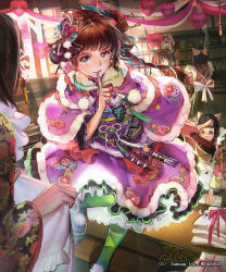 Rule 34 | 5girls, animal ears, blue eyes, blunt bangs, boots, bow, bowtie, brown hair, capelet, closed mouth, clothes, decorations, dress, finger to mouth, fingernails, frilled dress, frills, fur trim, hair bow, hair ornament, heart, holding, index finger raised, indoors, japanese clothes, jewelry, leg up, liduke, lips, long hair, long sleeves, looking at viewer, maid, multicolored eyes, multiple girls, obi, official art, pink eyes, purple dress, purple neckwear, ring, sash, sengoku saga, shelf, shushing, smile, solo focus, standing, standing on one leg, tassel, twintails, wide sleeves