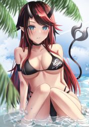 Rule 34 | 1girl, alternate costume, balflear (oe19nlud), bikini, black bikini, black hair, blue eyes, breasts, cloud, commentary, day, demon girl, demon horns, demon tail, earrings, elephant, feet out of frame, horizon, horns, jewelry, large breasts, long hair, looking at viewer, multicolored hair, nanashi inc., outdoors, palm tree, parted lips, pointy ears, red hair, ryugasaki rene, sitting, solo, sugar lyric, swimsuit, tail, tree, two-tone hair, underboob, virtual youtuber, water