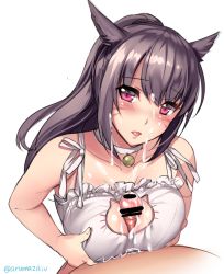Rule 34 | 10s, 1boy, 1girl, animal ears, aruma jiki, bell, blush, breasts, cat cutout, cat ears, cat lingerie, censored, cleavage, cleavage cutout, clothing cutout, cum, facial, facial mark, final fantasy, final fantasy xiv, hetero, jingle bell, large breasts, long hair, looking at viewer, meme attire, miqo&#039;te, paizuri, paizuri under clothes, penis, ponytail, pov, purple eyes, simple background, tongue, tongue out, whisker markings, white background