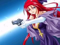 Rule 34 | 00s, 1girl, bare shoulders, blue eyes, breasts, cleavage, dress, dutch angle, elbow gloves, evening gown, forte stollen, galaxy angel, gloves, gun, jewelry, large breasts, long hair, necklace, no bra, red hair, solo, very long hair, weapon