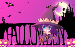 Rule 34 | 1girl, bat (animal), castle, crescent moon, halloween, hat, highres, jack-o&#039;-lantern, moon, nanao naru, original, pumpkin, solo, wallpaper, witch hat