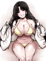 Rule 34 | 1girl, absurdres, anuttsuii, bikini, black eyes, black hair, breasts, cleavage, collarbone, covered erect nipples, earrings, fanged bangs, feet out of frame, fingernails, gold bikini, grin, half-closed eyes, halterneck, heart, highres, jacket, jacket partially removed, jewelry, knees, large breasts, light blush, long fingernails, long hair, long sleeves, looking at viewer, nail polish, navel, open clothes, open jacket, original, pink nails, curtained hair, shiny clothes, side-tie bikini bottom, simple background, sitting, sleeves past wrists, smile, solo, spoken heart, string bikini, swimsuit, thighs, underboob, unzipped, watermark, white background, white jacket
