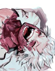 Rule 34 | 1boy, artist name, boku no hero academia, burn scar, cheek piercing, dabi (boku no hero academia), closed eyes, highres, male focus, multiple scars, open mouth, piercing, scar, scar on neck, sharl0ck, solo, spoilers, staple, stapled, stitches, teeth, white background, white hair