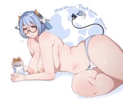 Rule 34 | 1girl, absurdres, animal ears, arm support, blue hair, blush, bob cut, breasts, commission, ear tag, english text, feet out of frame, glasses, heart, highres, horns, large breasts, looking at viewer, lying, muroku (aimichiyo0526), nipples, no nose, on side, open mouth, original, panties, puffy nipples, semi-rimless eyewear, shadow, shirt, short sleeves, skeb commission, solo, striped clothes, striped panties, tail, tareme, thick thighs, thighs, under-rim eyewear, underwear, underwear only