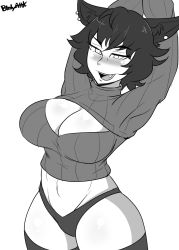 Rule 34 | 1girl, animal ears, blush, bodyattk, breasts, cat ears, cleavage, earrings, fang, highres, jewelry, kali belladonna, large breasts, meme attire, midriff, mature female, navel, open-chest sweater, open mouth, panties, rwby, short hair, smile, solo, stomach, sweater, thick thighs, thighhighs, thighs, turtleneck, turtleneck sweater, underwear, white background