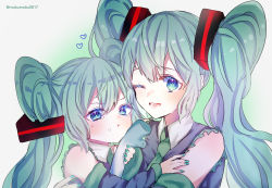 Rule 34 | 2girls, aqua eyes, aqua hair, aqua neckwear, bare shoulders, blush, detached sleeves, food, forehead-to-forehead, glaring, green necktie, grey shirt, hachune miku, hair ornament, hatsune miku, heads together, heart, highres, holding, holding food, holding person, holding spring onion, holding vegetable, long hair, looking at viewer, mobukyara (mobumobu0817), multiple girls, necktie, one eye closed, open mouth, pout, shirt, sleeveless, sleeveless shirt, smile, spring onion, sweat, twintails, twitter username, upper body, vegetable, very long hair, vocaloid, white background, white shirt