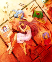 Rule 34 | 2girls, :d, ^ ^, arms at sides, barefoot, black eyes, blue hair, closed eyes, closed mouth, drawing (object), dress, flower, from above, hand on another&#039;s head, head wreath, highres, holding, holding flower, house, light purple hair, lying, mountain, multiple girls, on back, on floor, on side, one side up, open mouth, orange shirt, original, outstretched arms, paint tube, paintbrush, purple hair, red shorts, scribble, shirt, short sleeves, shorts, sketch, sketchbook, sleeveless, sleeveless dress, smile, spread arms, swept bangs, tatami, tooi (sugarcoating), tree, white dress