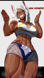 Rule 34 | 1girl, 2023, :d, abs, animal ears, bandaid, bandaid on face, bandaid on nose, bare arms, bare shoulders, bike shorts, boku no hero academia, breasts, castell, crescent print, dark-skinned female, dark skin, english text, hands up, highres, large breasts, long eyelashes, long hair, looking at viewer, mirko, muscular, muscular female, navel, open mouth, parted bangs, ponytail, rabbit ears, rabbit girl, rabbit pose, raised eyebrow, red eyes, shorts, sideboob, signature, smile, solo, sports bra, steaming body, stomach, sweat, thick thighs, thighs, white hair, white shorts, white sports bra