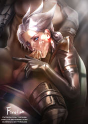 Rule 34 | 1boy, 1girl, blue eyes, camille (league of legends), clothed female nude male, cum, dark-skinned male, dark skin, deviantart username, erection, facial, firolian, highres, interracial, league of legends, looking at viewer, nude, cum overflow, patreon username, penis, silver hair, testicles, tumblr username, uncensored, viktor (league of legends)