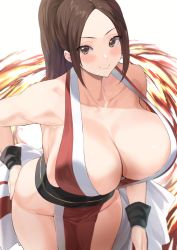 Rule 34 | 1girl, bare shoulders, blush, breasts, brown eyes, brown hair, cleavage, closed mouth, collarbone, fatal fury, hand on own ass, huge breasts, parted bangs, pelvic curtain, shiranui mai, simple background, smile, solo, thighs, white background, wide hips