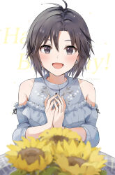 Rule 34 | 1girl, :d, bare shoulders, birthday, black eyes, black hair, flower, happy birthday, hat, idolmaster, idolmaster million live!, idolmaster million live! theater days, kikuchi makoto, looking at viewer, mogskg, off shoulder, open mouth, private dress (idolmaster million live!), simple background, smile, solo, sunflower, twitter username