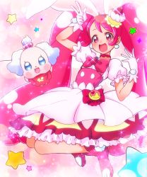 Rule 34 | 10s, 1girl, :d, animal ears, blue eyes, bow, rabbit ears, cake hair ornament, choker, creature, cure whip, dress, earrings, food-themed hair ornament, full body, gloves, hair ornament, happy, highres, jumping, kirakira precure a la mode, long hair, looking at viewer, magical girl, open mouth, pekorin (precure), pink background, pink bow, pink eyes, pink footwear, pink hair, pink neckwear, pom pom (clothes), pom pom earrings, precure, ryochi (pon1015), shoes, smile, sparkle, star (symbol), twintails, usami ichika, white dress, white gloves