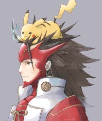 Rule 34 | 1boy, armor, brown eyes, brown hair, creatures (company), fire emblem, fire emblem fates, game freak, gen 1 pokemon, gloves, long hair, male focus, nintendo, pikachu, pokemon, pokemon (creature), pokemon rgby, red armor, robaco, ryoma (fire emblem), smile, solo, spiked hair, super smash bros., very long hair