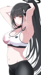 Rule 34 | 1girl, armpits, arms up, bare arms, bare shoulders, black hair, black pants, blue archive, breasts, cleavage, commentary request, cowboy shot, crop top, highres, large breasts, leggings, midriff, navel, pants, ponytail, red eyes, reia 76, rio (blue archive), sidelocks, simple background, solo, sports bra, standing, stomach, sumire (blue archive), white background
