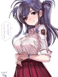 Rule 34 | 1girl, ahoge, black hair, bracelet, breasts, cleavage, covered erect nipples, earrings, jewelry, large breasts, long hair, no bra, original, red eyes, school uniform, shirt tucked in, skirt, smile, solo, souryu, text focus, two side up, unbuttoned