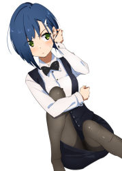 Rule 34 | 10s, 1girl, black pantyhose, black skirt, black vest, blue hair, blush, closed mouth, collared shirt, commentary request, darling in the franxx, dress shirt, dutch angle, green eyes, hair ornament, hand up, ichigo (darling in the franxx), pantyhose, senjitsu musou, shirt, short hair, simple background, sitting, skirt, solo, sweat, vest, white background, white shirt
