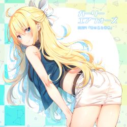 Rule 34 | 1girl, ahoge, armpit crease, bare arms, bare shoulders, belt, bent over, black shirt, blonde hair, blue eyes, blue vest, blush, breasts, checkered background, closed mouth, cowboy shot, crop top, drop shadow, eagle (girly air force), floating hair, girly air force, hair between eyes, hair ribbon, half updo, hands on own thighs, highres, long hair, looking at viewer, looking back, medium breasts, midriff, miniskirt, pencil skirt, ribbon, shirt, sidelocks, skirt, sleeveless, sleeveless shirt, smile, solo, standing, thighs, toosaka asagi, vest, white ribbon, white skirt, wing collar