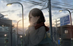 Rule 34 | 1girl, absurdres, bag, breathing on hands, brown hair, building, city, cloud, cold, commentary request, grey sweater, highres, huge filesize, lamppost, original, outdoors, parted bangs, power lines, railing, road sign, scarf, school bag, school uniform, sign, sky, solo, sun, sunrise, sweater, tree, upper body, utaka (anyoanyot), utility pole, window