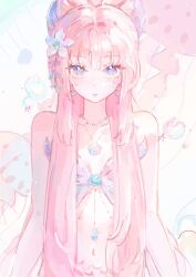 Rule 34 | 1girl, bare arms, bikini, closed mouth, collarbone, commentary, english commentary, flower, genshin impact, hair flower, hair ornament, highres, jellyfish, jewelry, long hair, looking at viewer, malfuncio, navel, necklace, pink bikini, pink hair, purple eyes, sangonomiya kokomi, shell, shell necklace, simple background, solo, swimsuit, tears, upper body, white background, white flower