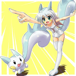 Rule 34 | 00s, 1girl, blue eyes, blush stickers, creatures (company), foreshortening, game freak, gen 4 pokemon, gradient hair, grey nails, horns, lowres, moemon, multicolored hair, nail polish, nintendo, one-piece swimsuit, pachirisu, personification, perspective, pointing, pokemon, pokemon (creature), pokemon dppt, pokemon tail, school swimsuit, squirrel tail, swimsuit, tail, tenjou ryuka, thighhighs, white one-piece swimsuit, white school swimsuit