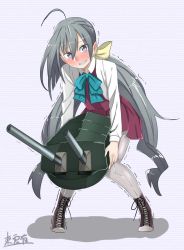 Rule 34 | 10s, 1girl, ahoge, blush, boots, bow, bowtie, carrying, cross-laced footwear, dress, grey eyes, grey hair, grey pantyhose, grin, hair between eyes, kantai collection, kiyoshimo (kancolle), long hair, looking at viewer, low twintails, pantyhose, shinonome yuu, shirt, sleeveless, sleeveless dress, smile, solo, striped, striped background, sweatdrop, trembling, turret, twintails, very long hair, weapon, white shirt