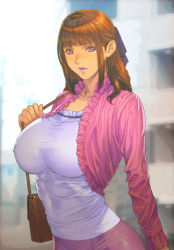 Rule 34 | bag, breasts, brown hair, copyright request, highres, homare (fool&#039;s art), huge breasts, impossible clothes, impossible shirt, jacket, looking at viewer, parted lips, pink eyes, pink jacket, pink skirt, satchel, shirt, skirt, tagme, upper body