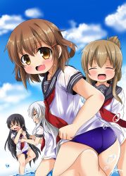 Rule 34 | &gt; &lt;, 10s, 4girls, akatsuki (kancolle), ass, black hair, blush, brown eyes, brown hair, cloud, commentary request, day, closed eyes, fang, hair ornament, hairclip, hibiki (kancolle), ikazuchi (kancolle), inazuma (kancolle), kantai collection, long hair, looking at viewer, multiple girls, neckerchief, open mouth, oshiruko (uminekotei), outdoors, red neckerchief, school uniform, serafuku, short hair, short sleeves, silver hair, skin fang, smile, solid eyes, splashing, swimsuit, swimsuit under clothes, very long hair, water, wavy mouth, wet, wet clothes