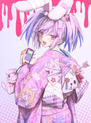 Rule 34 | 1girl, animal ears, bad id, bad twitter id, bandages, bandaid, blush, cellphone, chinese zodiac, hair ornament, hairpin, highres, holding, holding phone, japanese clothes, kimono, long sleeves, looking at viewer, multicolored hair, new year, obi, open mouth, original, osobachan, phone, pink hair, pink kimono, pink nails, purple hair, rabbit ears, sash, smartphone, smile, solo, streaked hair, stuffed animal, stuffed rabbit, stuffed toy, wide sleeves, year of the rabbit