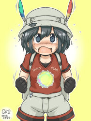 Rule 34 | 10s, 1girl, black hair, blush, bucket hat, commentary request, cowboy shot, feathers, flying sweatdrops, gaketsu, gloves, hat, kaban (kemono friends), kemono friends, nose blush, open mouth, pantyhose, price tag, sandstar, shirt, short hair, shorts, solo, sweatdrop, t-shirt