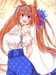 Rule 34 | 1girl, :d, animal ears, bare shoulders, blue skirt, blush, bow, breasts, brown hair, commentary request, daiwa scarlet (umamusume), fang, frilled shirt, frills, hair between eyes, hair bow, highres, horse ears, long hair, looking at viewer, medium breasts, off-shoulder shirt, off shoulder, open mouth, plaid, plaid skirt, puffy short sleeves, puffy sleeves, purple eyes, red bow, rinrin (927413), shirt, short sleeves, skirt, smile, solo, tiara, twintails, umamusume, very long hair, white shirt