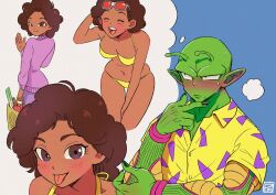 Rule 34 | alien, animal, antennae, bikini, blush, breasts, brown eyes, brown hair, casual, colored skin, dark-skinned female, dark skin, dragon ball, dragon ball super, dragon ball super super hero, green skin, janet (dragon ball), medium breasts, multiple views, muscular, piccolo, pink mousse, pointy ears, smile, sunglasses on head, swimsuit, thinking, tongue, tongue out, wide hips, yellow bikini