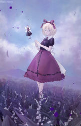 Rule 34 | 1girl, absurdres, artist name, back bow, black ribbon, black shirt, blonde hair, blue eyes, bobby socks, bow, bowtie, breasts, cloud, cloudy sky, commentary request, day, doll, dress, expressionless, field, flower, flower field, flower request, full body, hair between eyes, hair ribbon, highres, jack masser, looking at viewer, medicine melancholy, outdoors, parted lips, puffy short sleeves, puffy sleeves, red bow, red bowtie, red dress, red footwear, red ribbon, red skirt, ribbon, ribbon-trimmed dress, scenery, shirt, short hair, short sleeves, skirt, sky, small breasts, socks, solo, standing, su-san, touhou, white bow, white flower, white socks, wings
