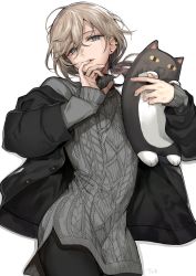 Rule 34 | 1boy, absurdres, black jacket, brown hair, dog tags, ear piercing, earrings, finger to mouth, green eyes, grey sweater, hair between eyes, highres, holding, holding stuffed toy, jacket, jewelry, kanae (nijisanji), light brown hair, long hair, male focus, mole, mole under eye, necklace, nijisanji, piercing, roto (kanae), signature, simple background, sleeves past wrists, solo, stuffed animal, stuffed cat, stuffed toy, sweater, tcb, teeth, turtleneck, upper teeth only, virtual youtuber, white background