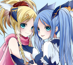 Rule 34 | 2girls, blonde hair, blue eyes, blue hair, braid, elbow gloves, from side, gloves, hair ornament, hairclip, holding hands, idunn &amp; idunna, multiple girls, ponytail, puzzle &amp; dragons, scarf, siblings, takoyaki kenken, twins, twintails