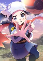 Rule 34 | 1girl, absurdres, akari (pokemon), black hair, blurry, blush, clenched hand, cloud, commentary request, creatures (company), day, eyelashes, floating hair, floating scarf, game freak, grey eyes, highres, leg up, long hair, nintendo, outdoors, parted lips, poke ball, poke ball (legends), pokemon, pokemon legends: arceus, pon yui, red scarf, scarf, sky, smile, solo, spread fingers, throwing