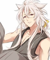 Rule 34 | 10s, 1boy, animal ears, commentary request, grin, hair between eyes, highres, japanese clothes, kogitsunemaru, long hair, looking at viewer, male focus, parted lips, pink eyes, sekina, simple background, smile, solo, touken ranbu, upper body, white background, white hair